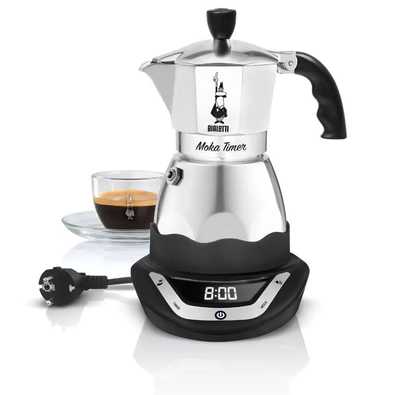 Elektriskais moka katliņš BIALETTI 3 tasītēm Moka Timer, programmējams LED displejs, alumīnija korpuss, kannas rezervuārs