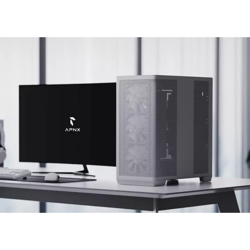 APNX PC Midi Tower C1-R-WT-v1 — balta, atbalsta ATX/Micro-ATX/Mini-ITX, 3x120 mm priekšējie ventilatori uzstādīti, 3x3,5 collu + 3x2,5 collu nodalījumi, USB 3.2 Gen1 x2