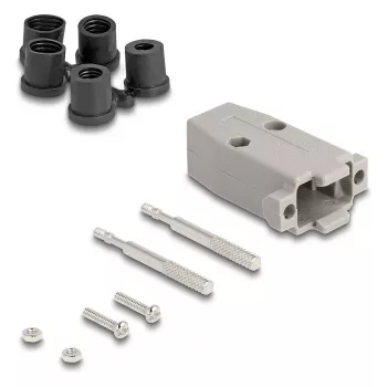 Kabeļa aizsargapvalks DELOCK D-Sub plastmasas korpuss 9 kontaktu spraudnim/ligzdai ar gumijas blīvēm, pelēks, 31.2×47.9×16.6 mm