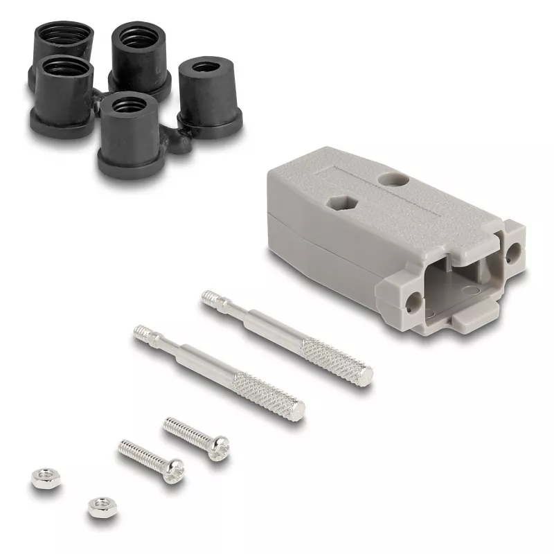 Kabeļa aizsargapvalks DELOCK D-Sub plastmasas korpuss 9 kontaktu spraudnim/ligzdai ar gumijas blīvēm, pelēks, 31.2×47.9×16.6 mm
