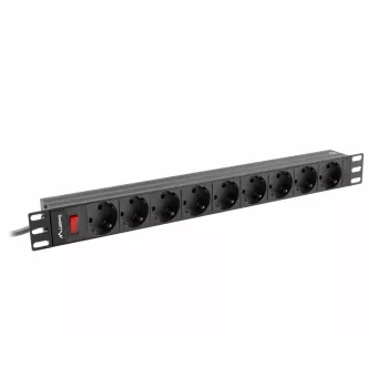Strāvas sadales bloks LANBERG PDU-09F-0300-BK — 9x Type F rozetes, 3 m kabelis, alumīnija korpuss, 10 A