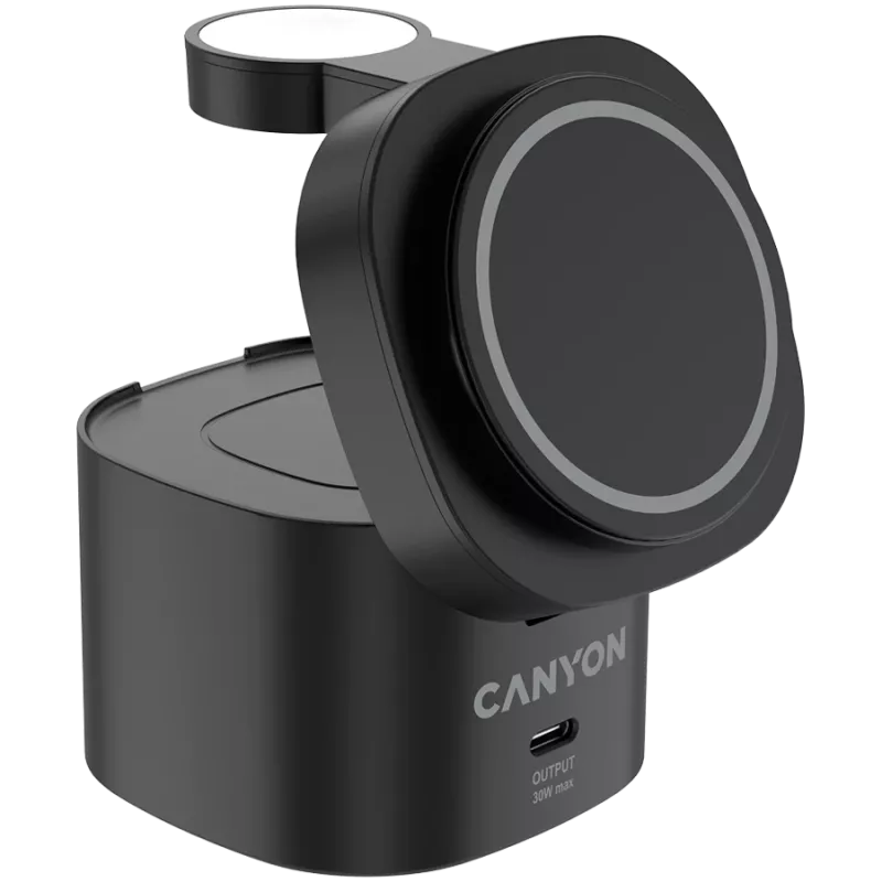 Canyon 4 in 1 bezvadu uzlādes statīvs, 30W max, izmērs: 70x70x70.3mm, svars: 414g, ar 65W lādētāju un 1M kabeli, melns