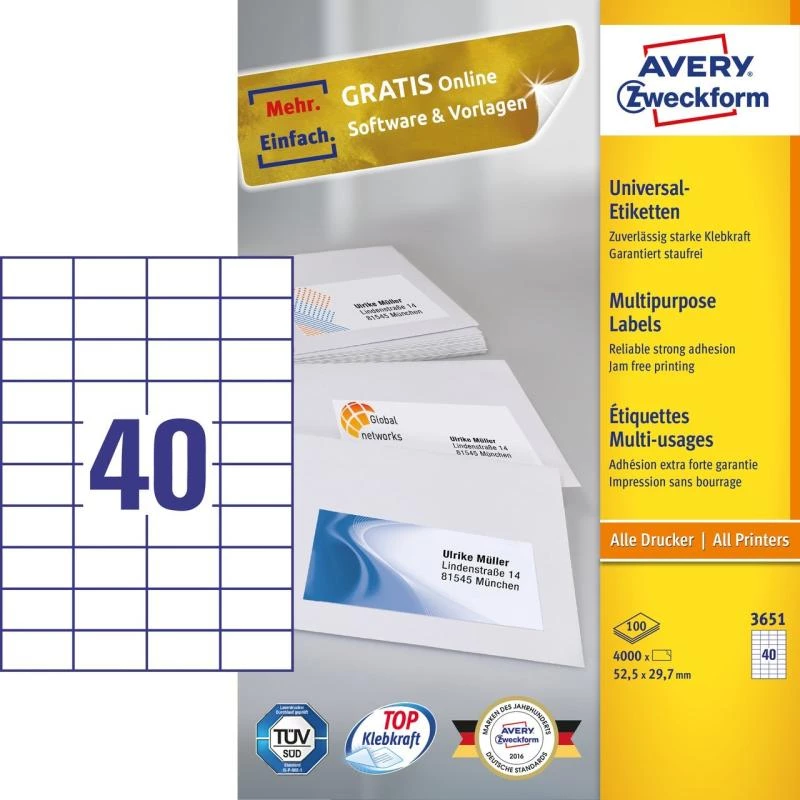 Avery Zweckform 3651 Universal Labels 52.5 X 29.7 Mm 100 Sheets Balts