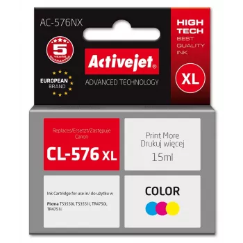 Tintes kasetne ActiveJet AC-576NX, saderīga ar Canon CL-576XL, augsta (XL) ietilpība, krāsvielas bāzes dzeltena/sarkana/zila, 15 ml