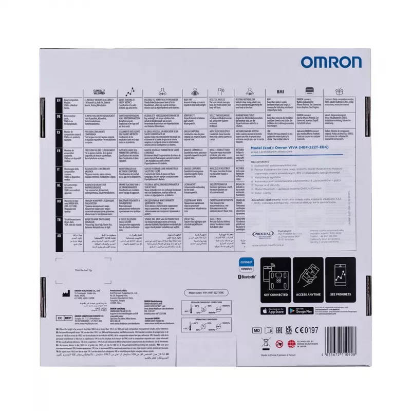 Omron VIVA elektroniskā personālie svari — kvadrātveida, melnā krāsā, maks. 150 kg, 100 g precizitāte, ķermeņa tauku/ĶMI/BMR mērīšana, 30 lietotāju atmiņa
