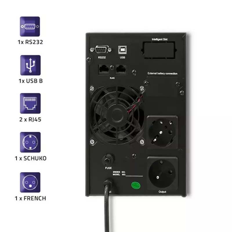 Qoltec 53042 nepārtrauktās barošanas avots (UPS) Dubultās pārveidošanas (Online) 1 kVA 800 W 2 maiņstrāvas kontaktligzdas