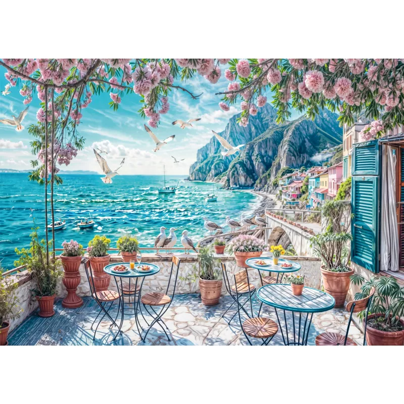 Puzle Schmidt Spiele Terrace by the Sea, 1000 gab., ainaviska jūras piekrastes ilustrācija