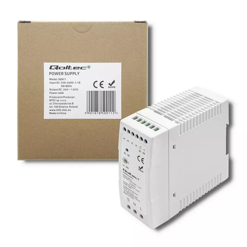 Qoltec Din Rail barošanas bloks | 40W | 24V | 1.67A | Balts | plāns