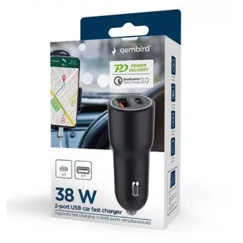 Automašīnas mobilās ierīces lādētājs Gembird TA-UC-AC2PDQC38-CAR-01, USB-C, 38W, 12–24V, melns