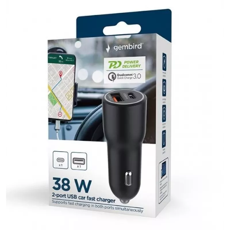 Automašīnas mobilās ierīces lādētājs Gembird TA-UC-AC2PDQC38-CAR-01, USB-C, 38W, 12–24V, melns