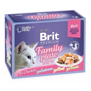 Mitrā kaķu barība Brit Premium Family Plate filejas želejā — jauktas garšas, 12 x 85 g paciņas