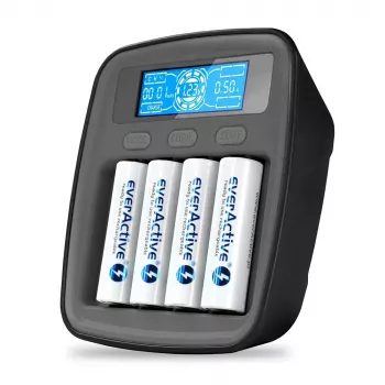 Bateriju lādētājs everActive NC1000MV2 — Ni‑MH 4 slotu USB‑C lādētājs, 4 elementi, 5 V, melns, 110×99×38 mm