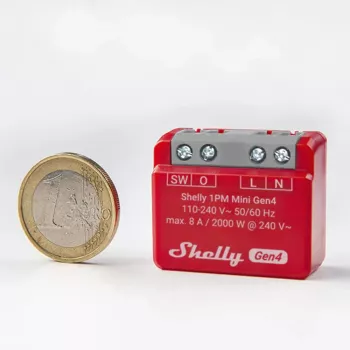 Viedais slēdzis Shelly 1PM Mini Gen4, bezvadu 110–240 V maiņstrāva, maks. 8 A / 2000 W, plastmasas korpuss 34×16×29 mm