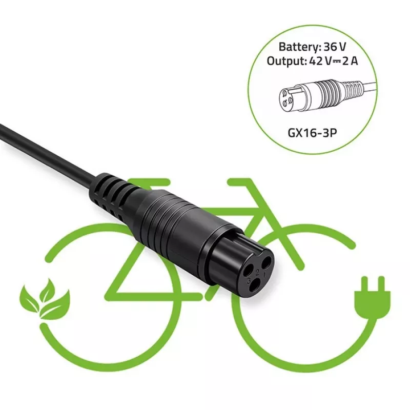 Baterijas lādētājs QOLTEC lādētājs elektrovelosipēdam 36V 42V 2A 3P GX16