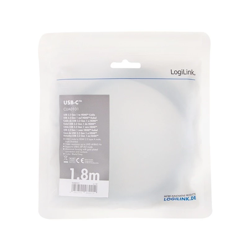 LogiLink CUA0101 USB 3.2 Gen1 Type-C uz HDMI-A kabelis 1,8 m melns pelēks