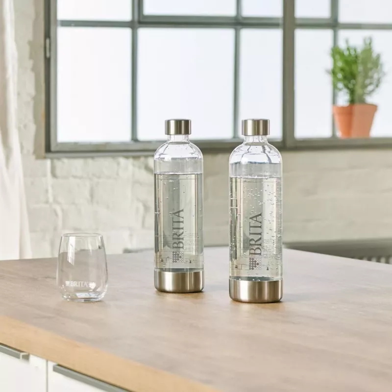 Gāzēšanas pudele BRITA 1043722 — nerūsējošais tērauds, 1 L, caurspīdīga, 2 gab. iepakojumā
