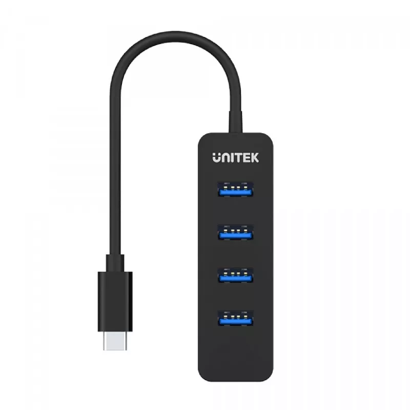 USB centrmezgls Unitek uHUB Q4 — 4 portu USB 3.2 Gen 1 (Type-A) centrmezgls, USB-C resursdators, 5 Gbit/s, 10 W, melns