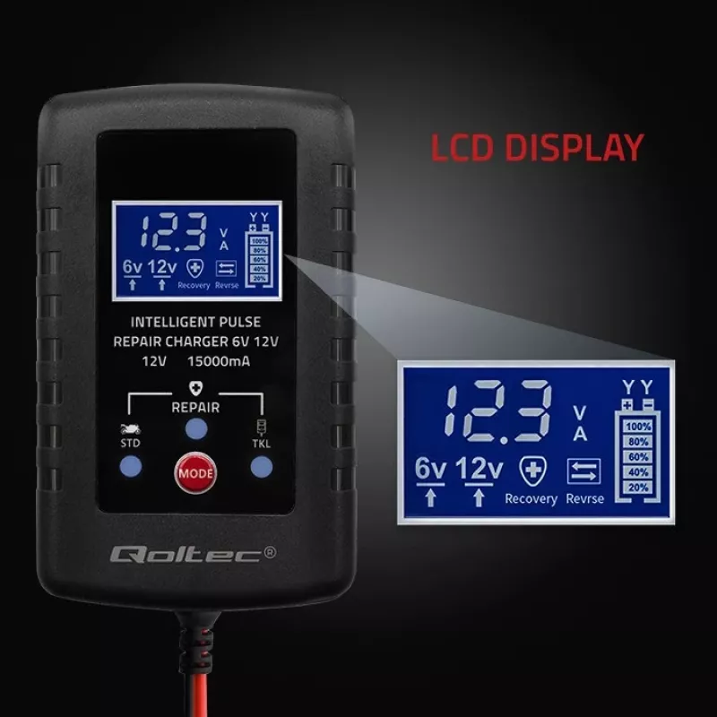 Bateriju lādētājs QOLTEC 52426 AGM/GĒLA/STANDARTA baterijām 6V/12V 2A ar LED displeju