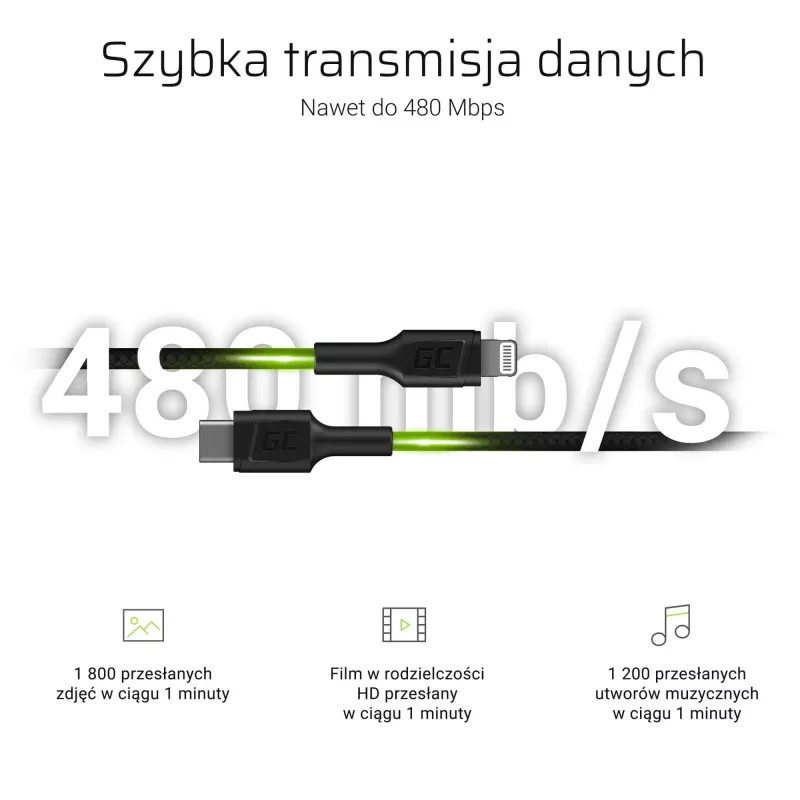 Lightning uz USB‑C kabelis zaļa Cell KABGC07, 1 m, melns, Lightning (vīrišķais) uz USB‑C (vīrišķais), 480 Mbps