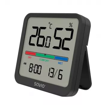 Iekštelpu temperatūras un mitruma sensors SAVIO CT-01/B brīvi stāvošs, LCD, -10–55°C, 10–99% RH, CR2032