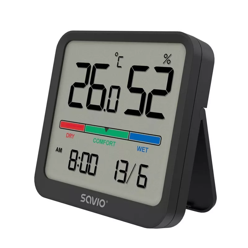 Iekštelpu temperatūras un mitruma sensors SAVIO CT-01/B brīvi stāvošs, LCD, -10–55°C, 10–99% RH, CR2032