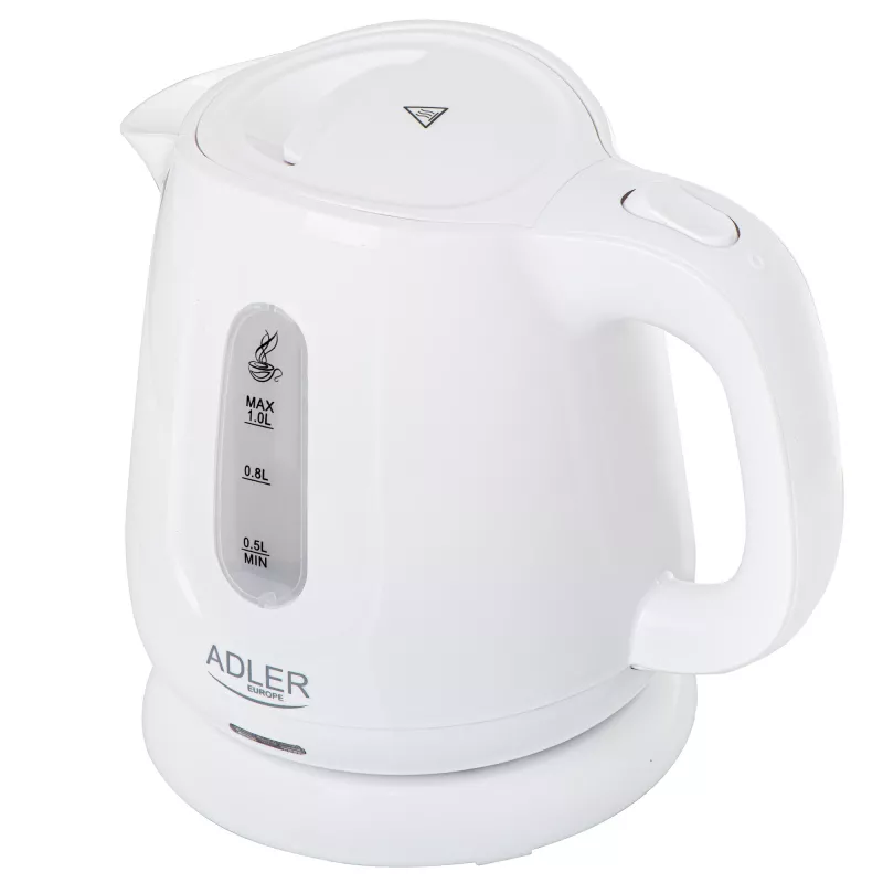 Elektriskā tējkanna Adler AD 1373 — 1 L ietilpība, 850 W, balta, 360° pamatne, polipropilēns