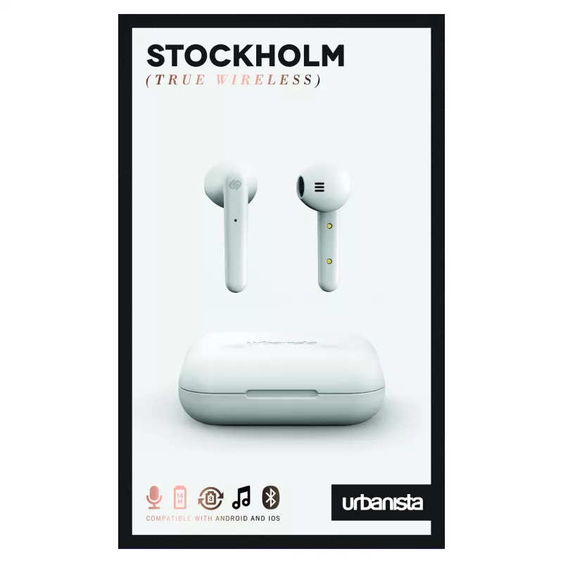 Austiņas URBANISTA Stockholm — bezvadu Bluetooth ievietojamās austiņas zvaniem un mūzikai, 10 m diapazons, balta