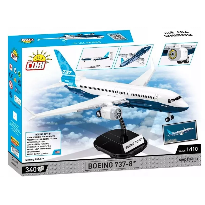 Būvniecības komplekts Cobi Boeing 737-8 — 340 detaļas, ieteicamais vecums 7+, zila un balta