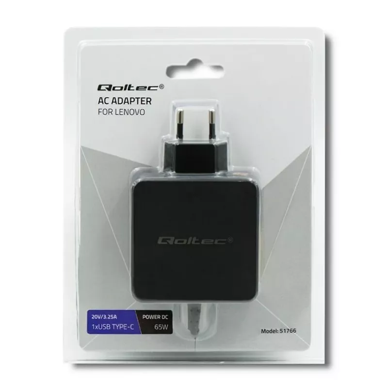 Power adapter QOLTEC 51766 65W AC-to-DC 20V 3.25A for IBM/Lenovo, Melns, 1.75m kabelis