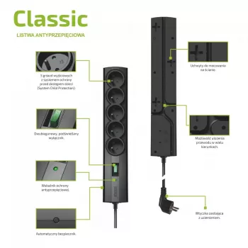 Aizsargāta pret pārspriegumu strāvas sadalītājs EVER CLASSIC 5x E tipa rozetes, 250 V, 1,5 m kabelis, 175 J, ar slēdzi