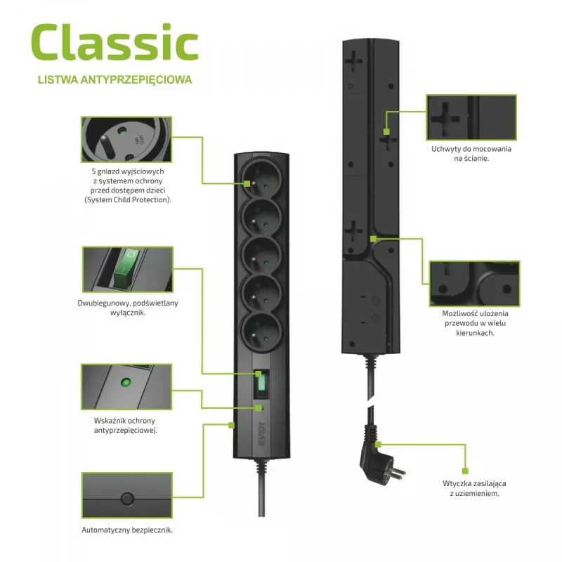 Aizsargāta pret pārspriegumu strāvas sadalītājs EVER CLASSIC 5x E tipa rozetes, 250 V, 1,5 m kabelis, 175 J, ar slēdzi