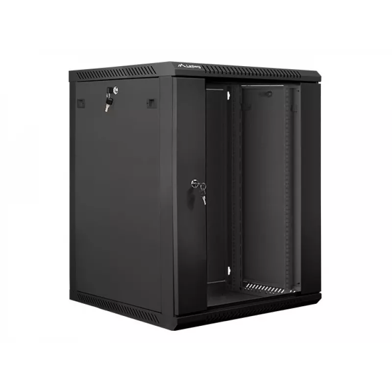 Lanberg pie sienas montējams instalācijas korpusa skapis 19 inch 15U 600x600 mm melns (stikla durvis)