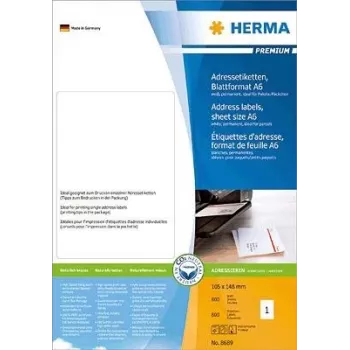 HERMA Premium - adrešu uzlīmes - Papīrs - matēts - pastāvīga pašlīmējoša - Balta - 105 x 148 mm 800 uzlīmes (800 loksnes x 1) (8689)