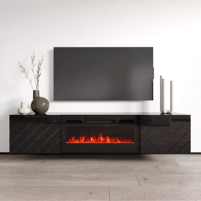 TV skapītis cama meble LUXE 301126 ar iebūvētu elektrisko kamīnu, 182,6×34,5×37,5 cm, melns spīdīgs