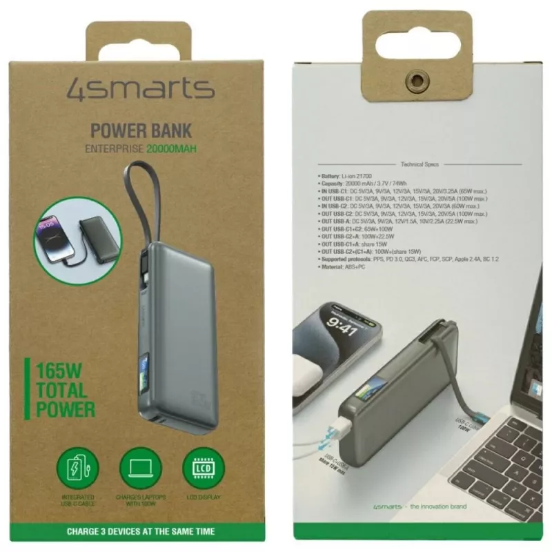 Ārējais akumulators 4smarts 541603 — Li‑Ion 20000 mAh, USB‑C + USB‑A, 165W kopējā izeja, 5A, pelēks