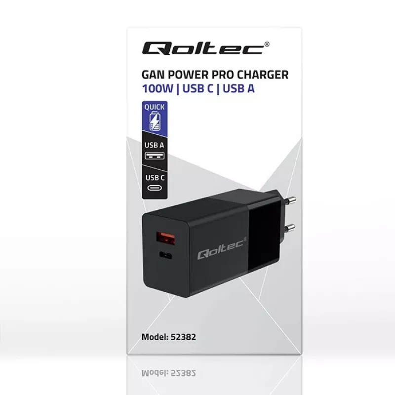 Qoltec 52382 GaN POWER PRO lādētājs | 1xUSB Type-C | 1xUSB A | 100W | 5-20V | 1.5-5A | PD | Melns