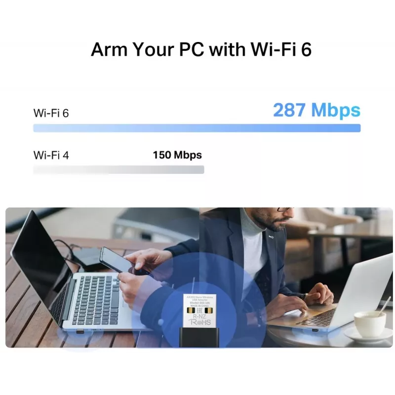 USB Wi‑Fi adapteris MERCUSYS MA14N — USB Type‑A, 2,4 GHz vienas joslas, līdz 287 Mb/s, melns