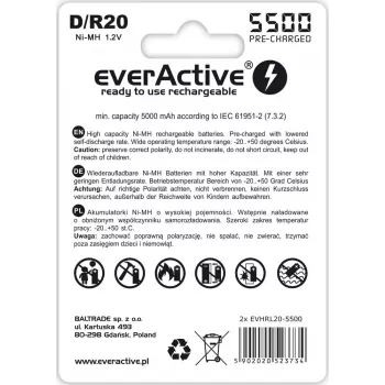 Uzlādējamā baterija everActive EVHRL20-5500 D NiMH 1.2V 5500mAh, 2 gab. iepakojumā