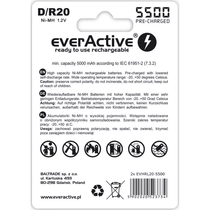 Uzlādējamā baterija everActive EVHRL20-5500 D NiMH 1.2V 5500mAh, 2 gab. iepakojumā