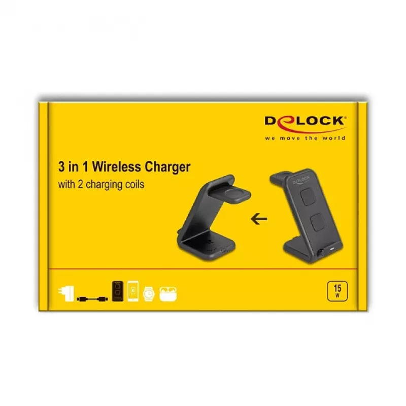 DELOCK 66941 Bezvadu lādētājs 3-in-1 viedtālrunim viedpulkstenim austiņām USB Type-C 15 W Iekštelpu melns