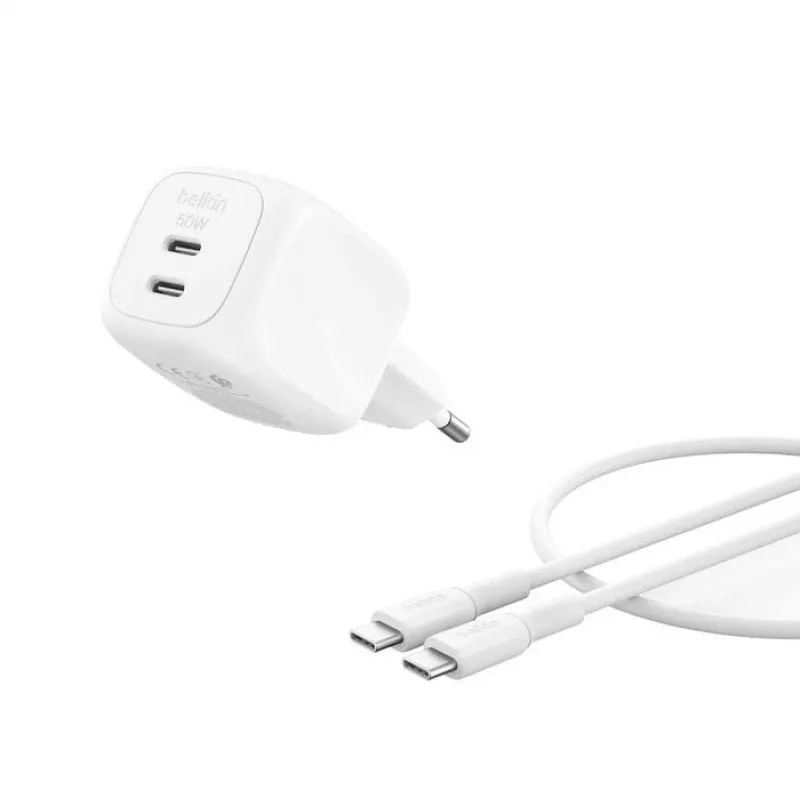 Belkin BoostCharge Pro - Barošanas bloks - GaN - 50 vati - Ātrā uzlāde - 2 izejas porti (2 x USB-C)