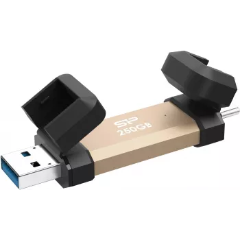 USB zibatmiņa Silicon Power DS72 250 GB, USB 3.2 Gen 2 Type-A / Type-C, alumīnijs/gumijas vāciņš, zelta krāsa