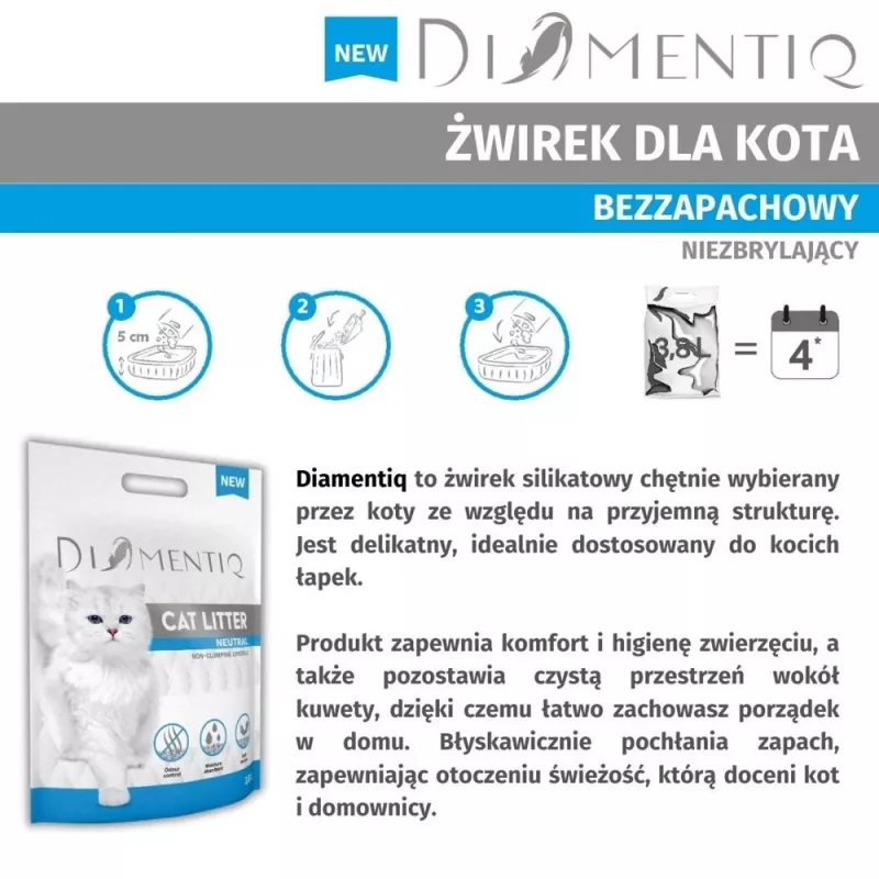 Kaķu pakaiši DIAMENTIQ Neutral salipstošas silikona granulas 30 L — bez smaržas, 1–6 mm