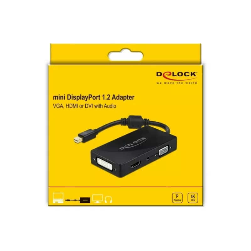 Adapteris DeLOCK Mini DisplayPort 1.2 uz VGA HDMI DVI Audio 4K Pasīvs Melns