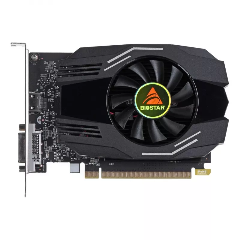 Grafikas karte BIOSTAR GeForce GT 1030 — 4 GB GDDR4, 64 bitu, PCIe x16 4.0, aktīvā dzesēšana, DVI-D + HDMI