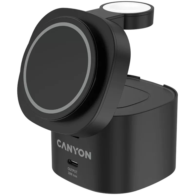 Canyon 4 in 1 bezvadu uzlādes statīvs, 30W max, izmērs: 70x70x70.3mm, svars: 414g, ar 65W lādētāju un 1M kabeli, melns