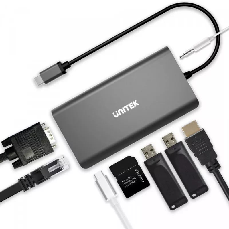UNITEK uHUB O8+ Vadu USB 3.2 Gen 1 Type-C pelēks 100W Power Delivery