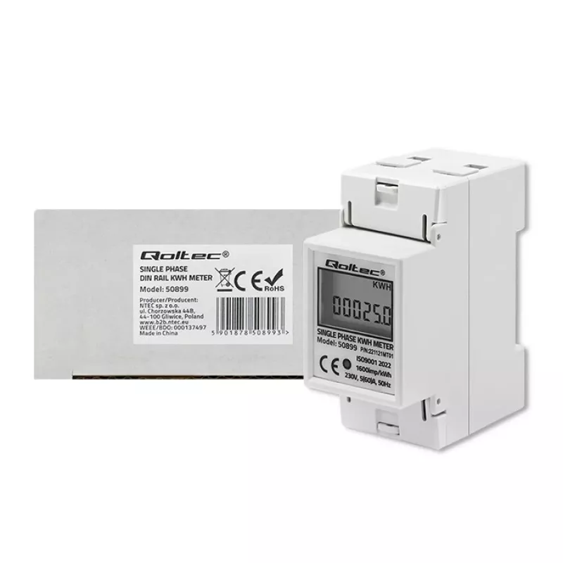 Vienfāzes enerģijas patēriņa skaitītājs QOLTEC 50899 230 V 50 Hz, 5(60)A, 1.0 klase, LCD