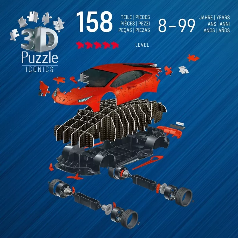 3D Puzzle Ravensburger Lamborghini Huracan EVO — 158 gab., mēroga modeļa konstrukcija