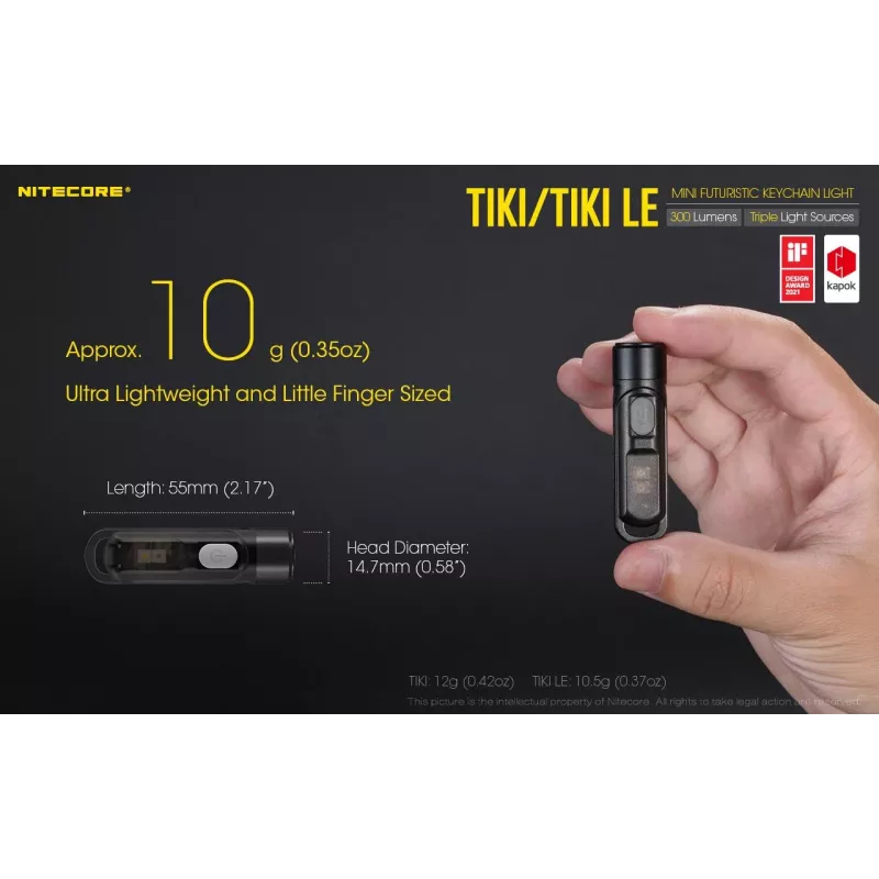 Rokas lukturītis Nitecore TIKI LE — 300 lm, uzlādējams ar USB, polikarbonāts, IP66, triecienizturīgs, 10,5 g, 55 mm, Melns